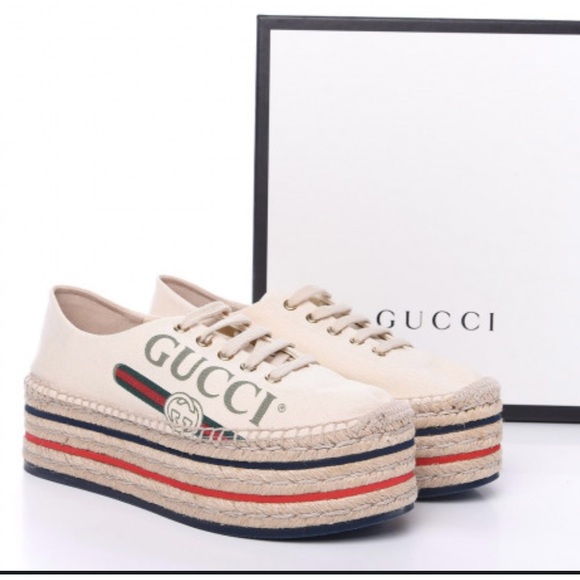Gucci 41,10.5 Greggio Canvas Lace-Up Platform Espadrilles Shoes NWT - Picture 1 of 11